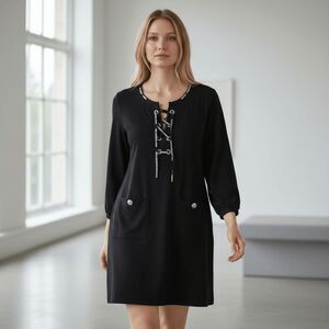 NWT Karl Lagerfeld Paris French Terry Lace Up Logo‎ Shift Dress Black Size Large